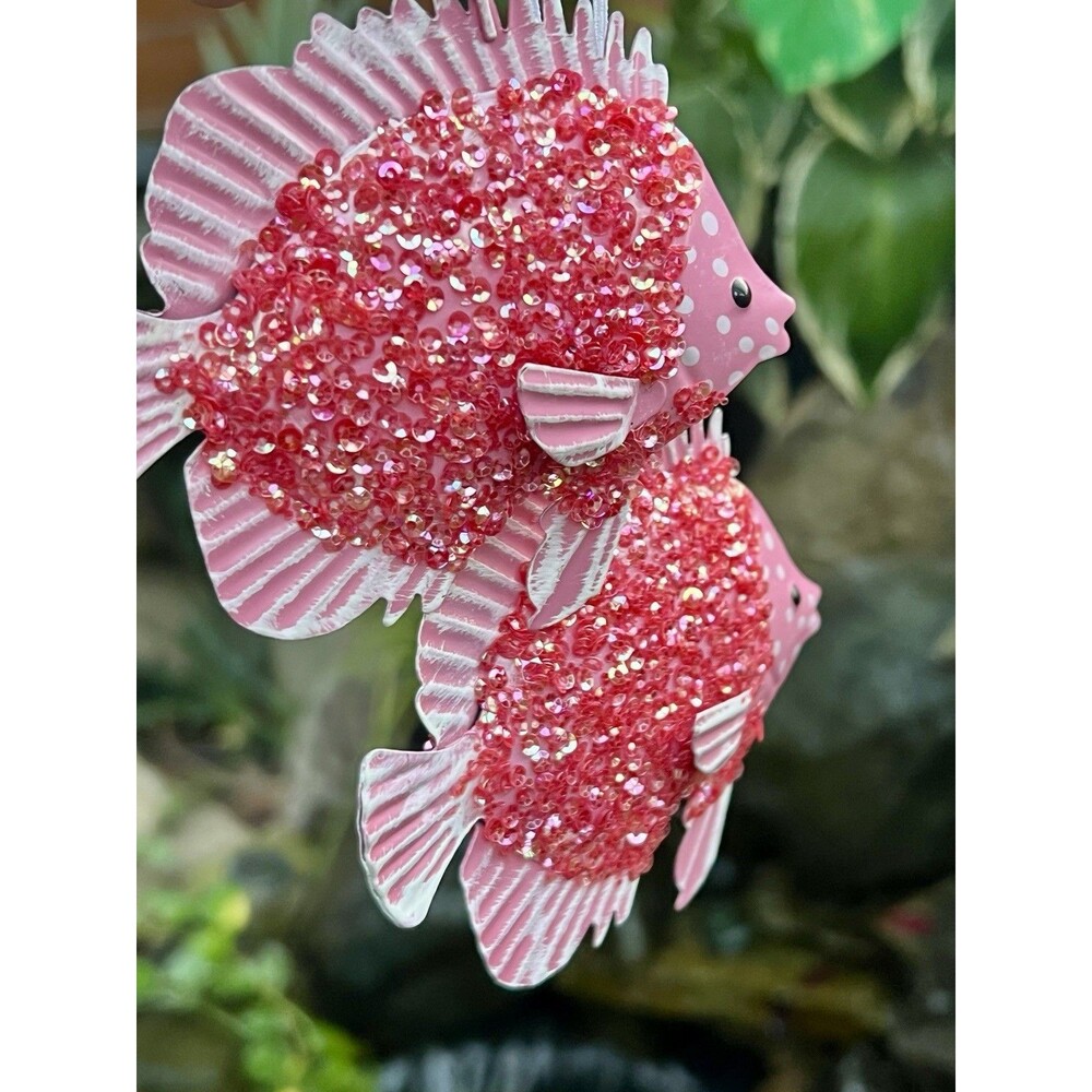 Hobby Lobby Ocean Pink Fish Beaded Sequin Christmas Ornaments Coastal Set of 2